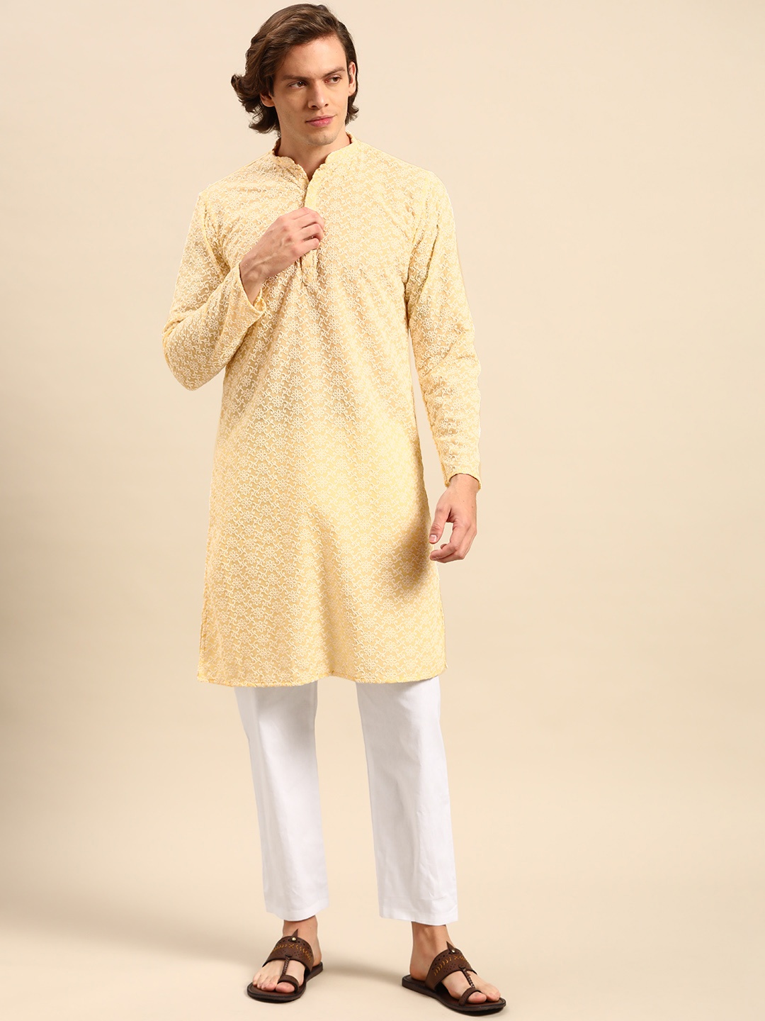 

Anouk Men Yellow Ethnic Motifs Embroidered Pure Cotton Kurta with Pyjamas