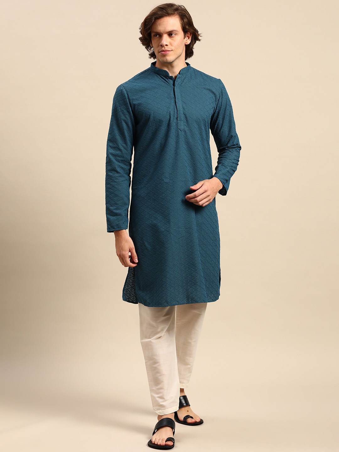 

Anouk Men Navy Blue Ethnic Motifs Embroidered Pure Cotton Kurta with Pyjamas