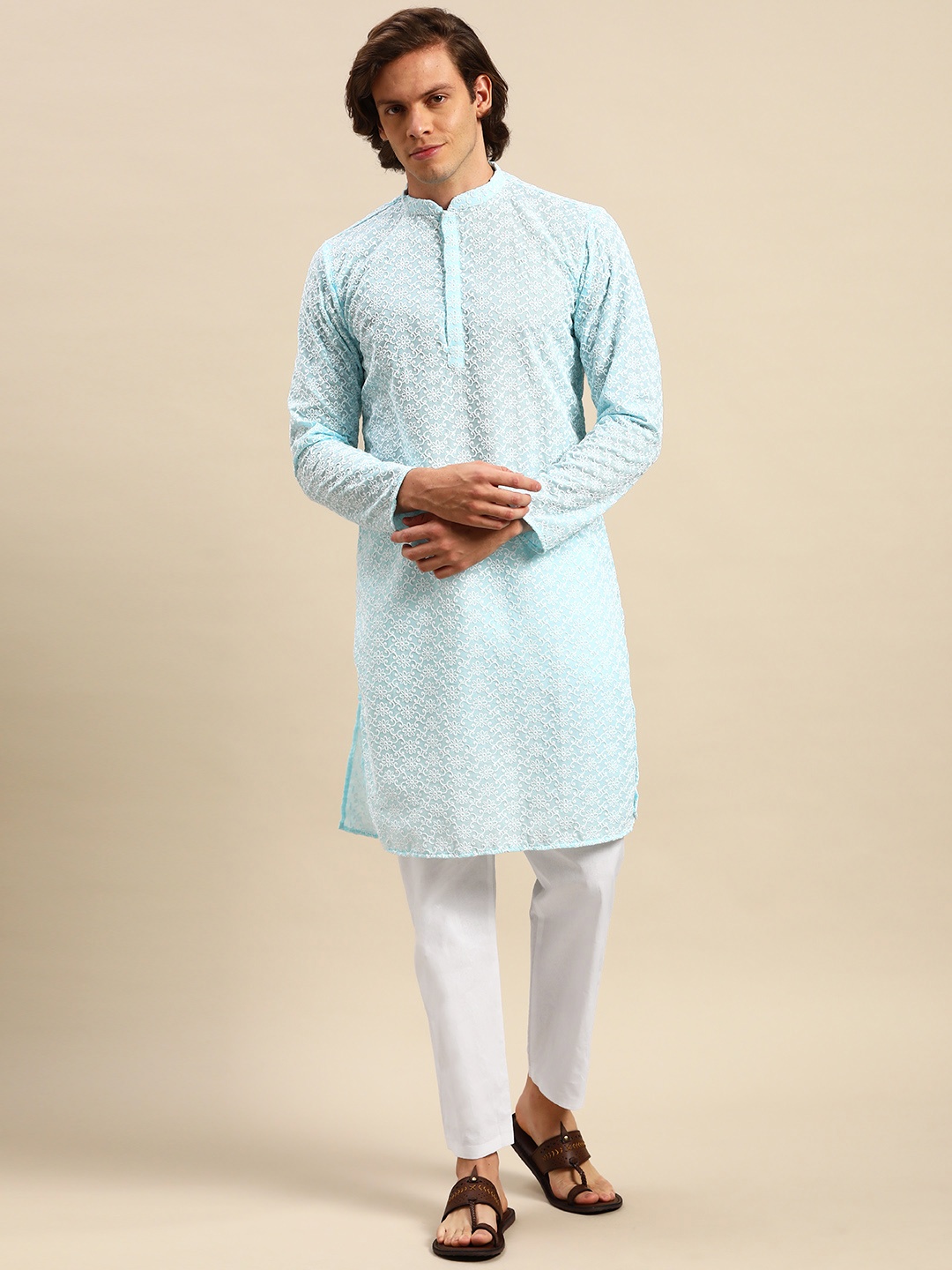 

Anouk Men Blue Ethnic Motifs Embroidered Pure Cotton Kurta with Pyjamas