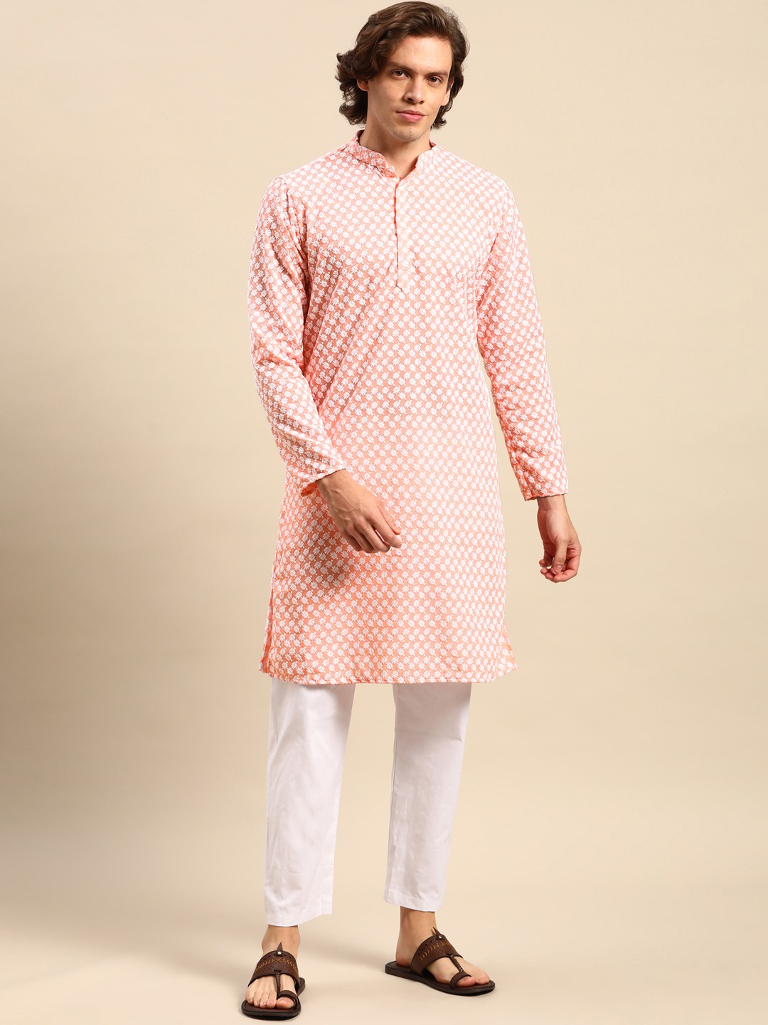 

Anouk Men Peach-Coloured Ethnic Motifs Embroidered Pure Cotton Kurta with Pyjamas