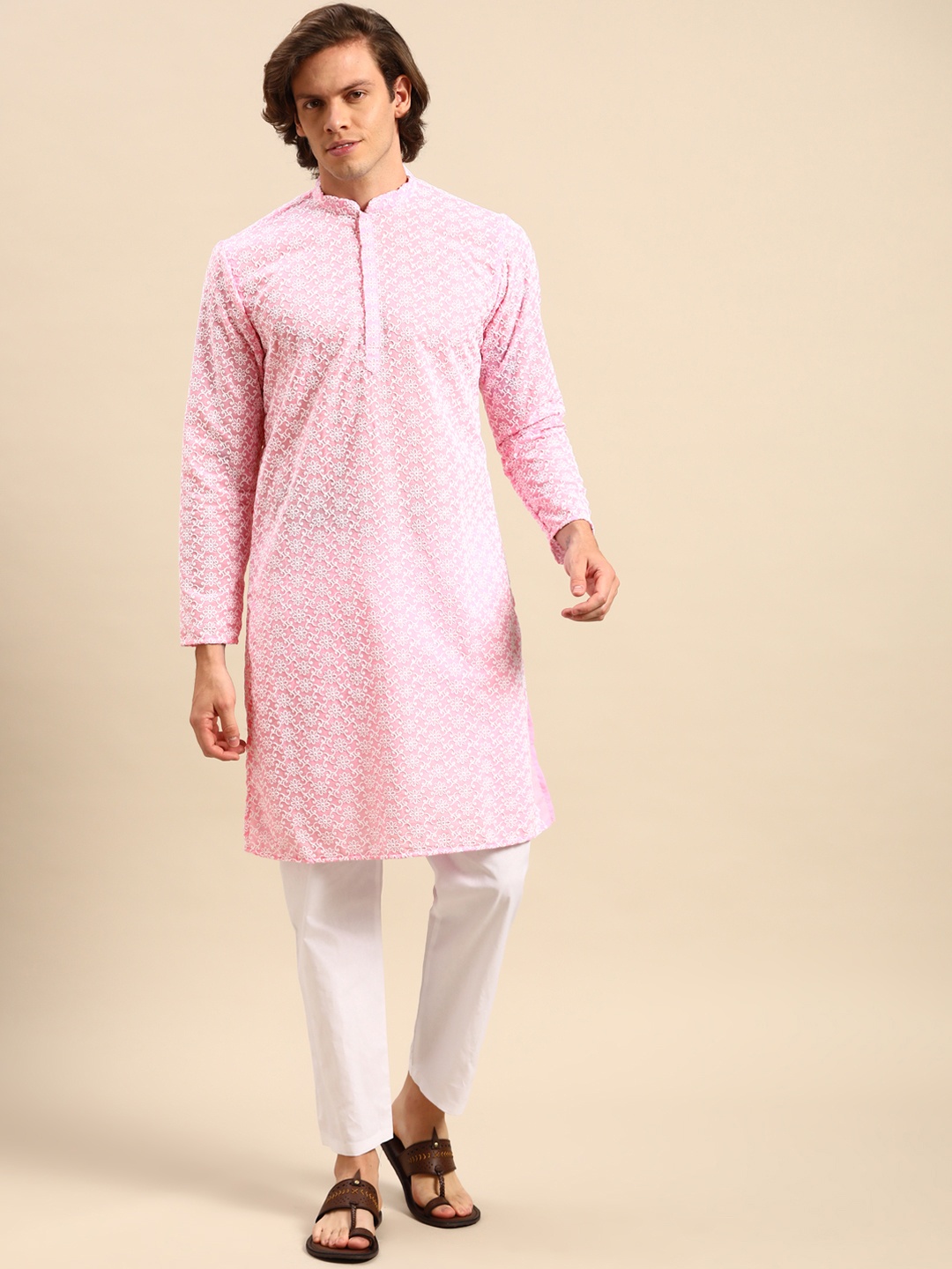 

Anouk Men Pink Ethnic Motifs Embroidered Pure Cotton Kurta with Pyjamas