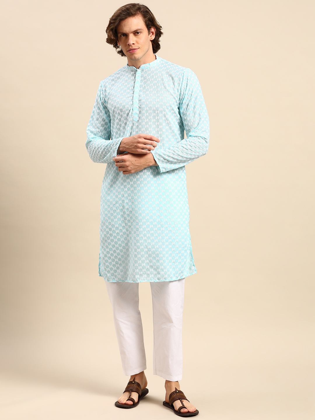 

Anouk Men Blue Ethnic Motifs Embroidered Pure Cotton Kurta with Pyjamas