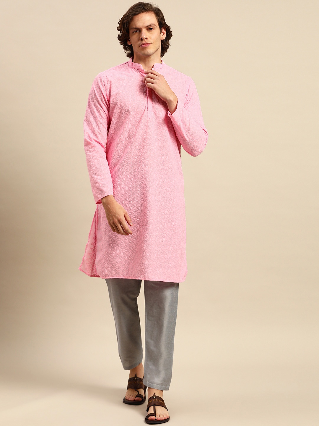 

Anouk Men Pink Ethnic Motifs Embroidered Pure Cotton Kurta with Pyjamas
