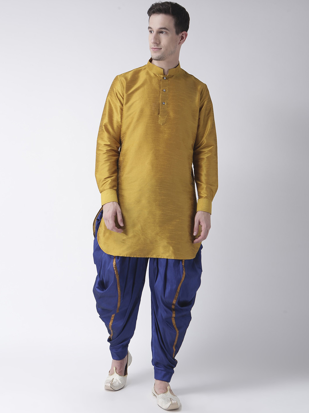 

DEYANN Men Yellow & Navy Blue Dupion Silk Kurta with Dhoti Pants