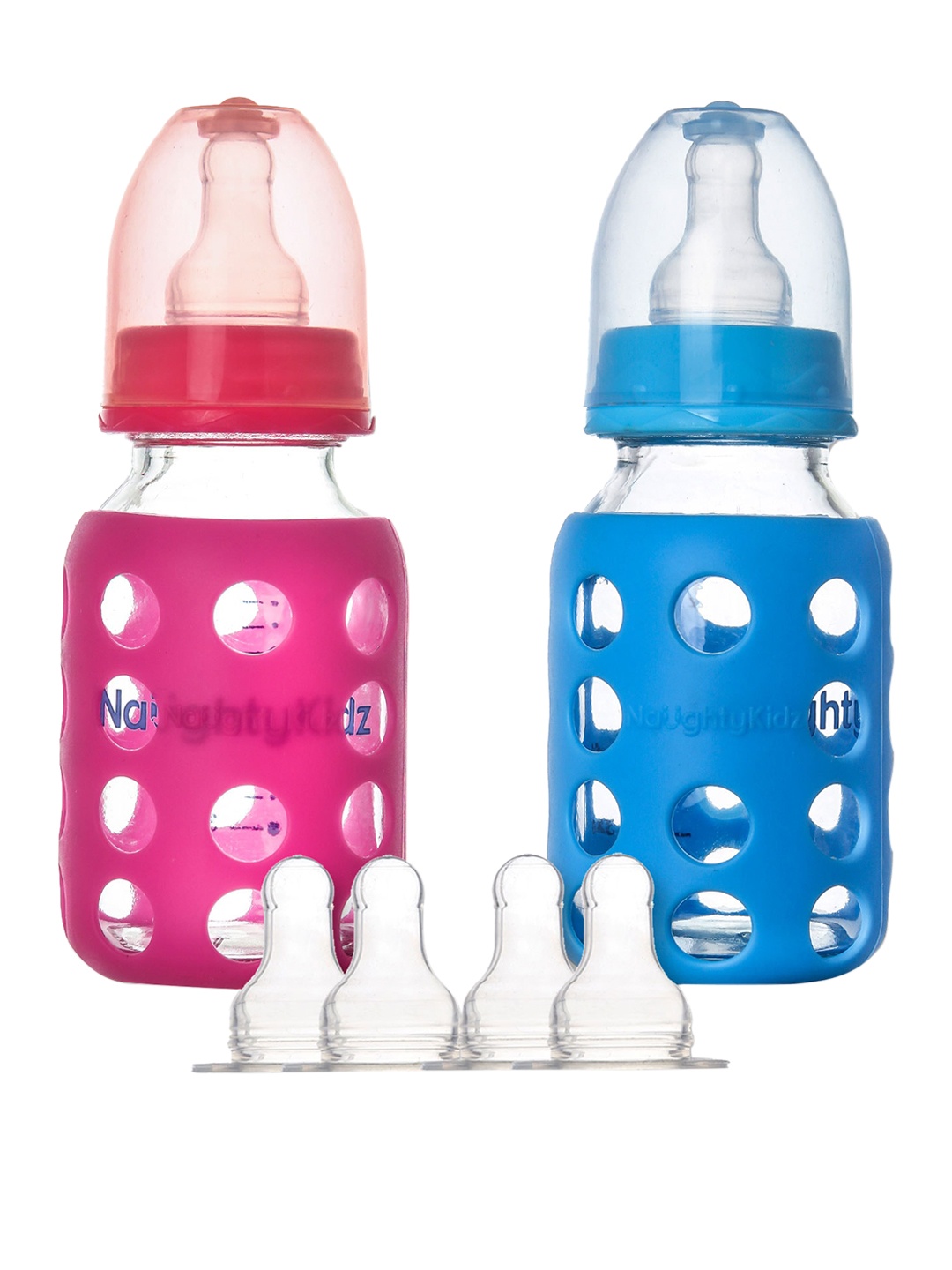 

NAUGHTY KIDZ Kids Pack of 2 Pink Glass Feeding Bottles With Protective Warmer