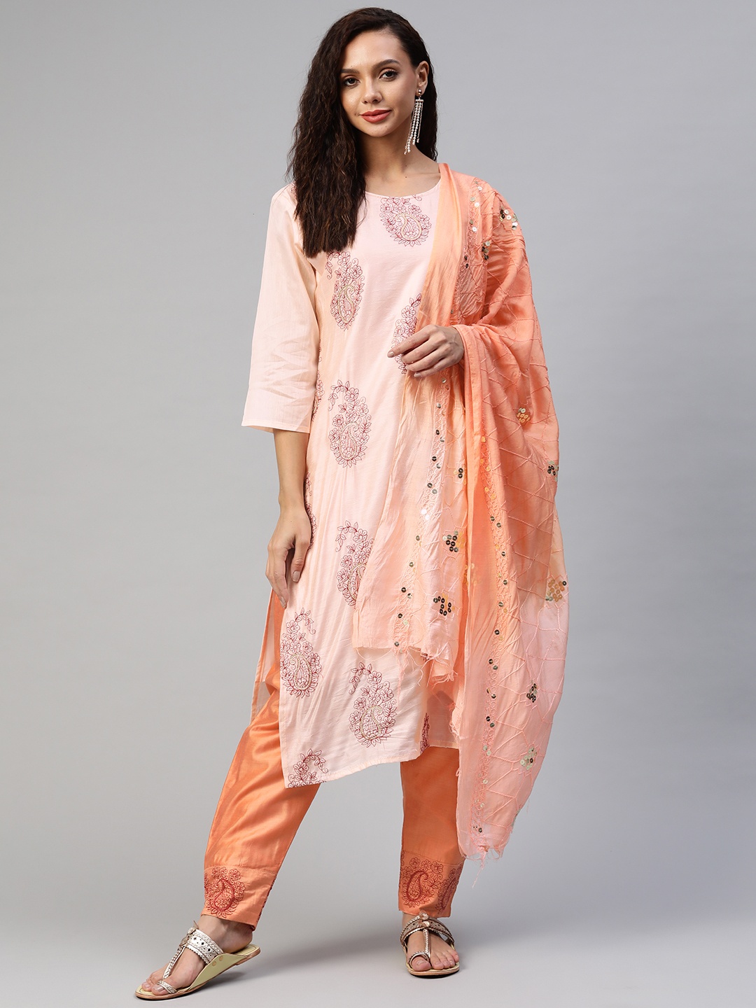 

Aarika Women Pink Ethnic Motifs Embroidered Thread Work Pure Cotton Kurta with Trousers & With Dupatta