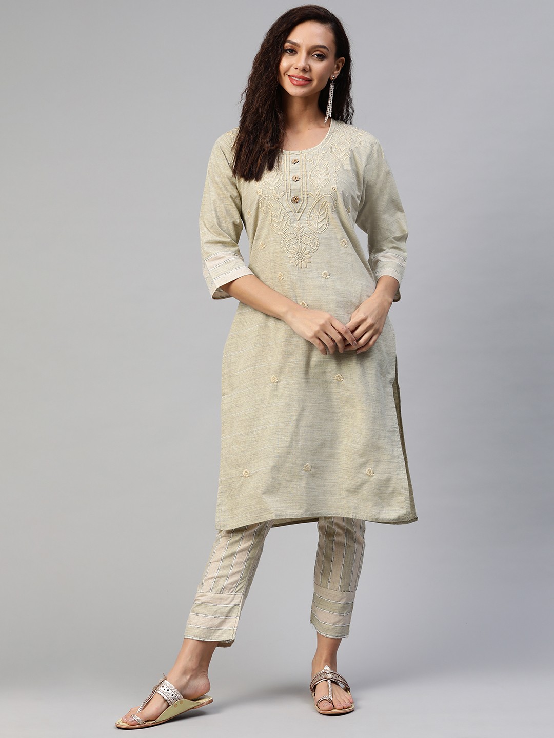 

Aarika Women Beige Ethnic Motifs Embroidered Pure Cotton Kurta with Trousers