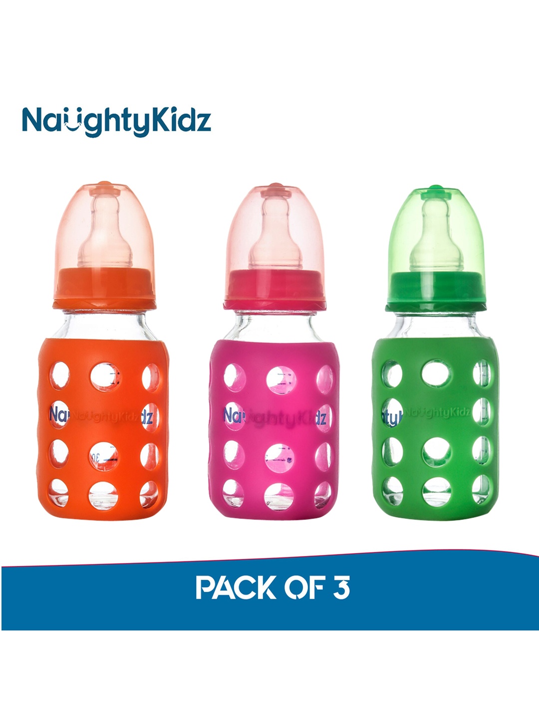 

NAUGHTY KIDZ Pack of 3 Feeding Bottle With Protective Warmer - 120ml Each, Pink