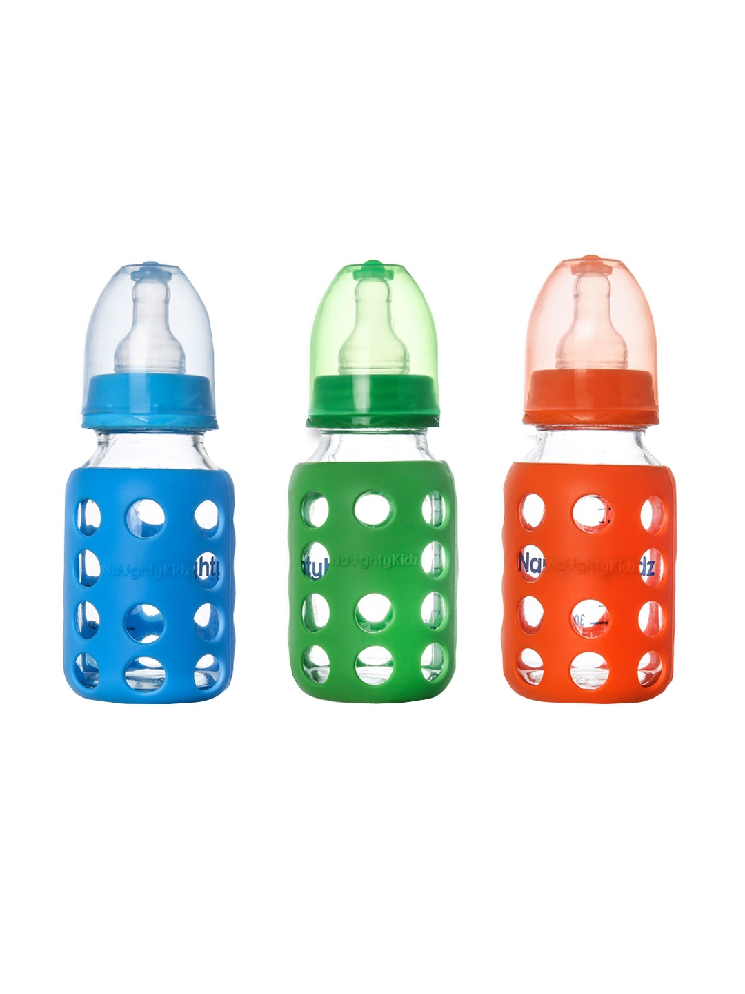 

NAUGHTY KIDZ Kids Pack of 3 Orange Glass Feeding Bottles With Protective Warmer