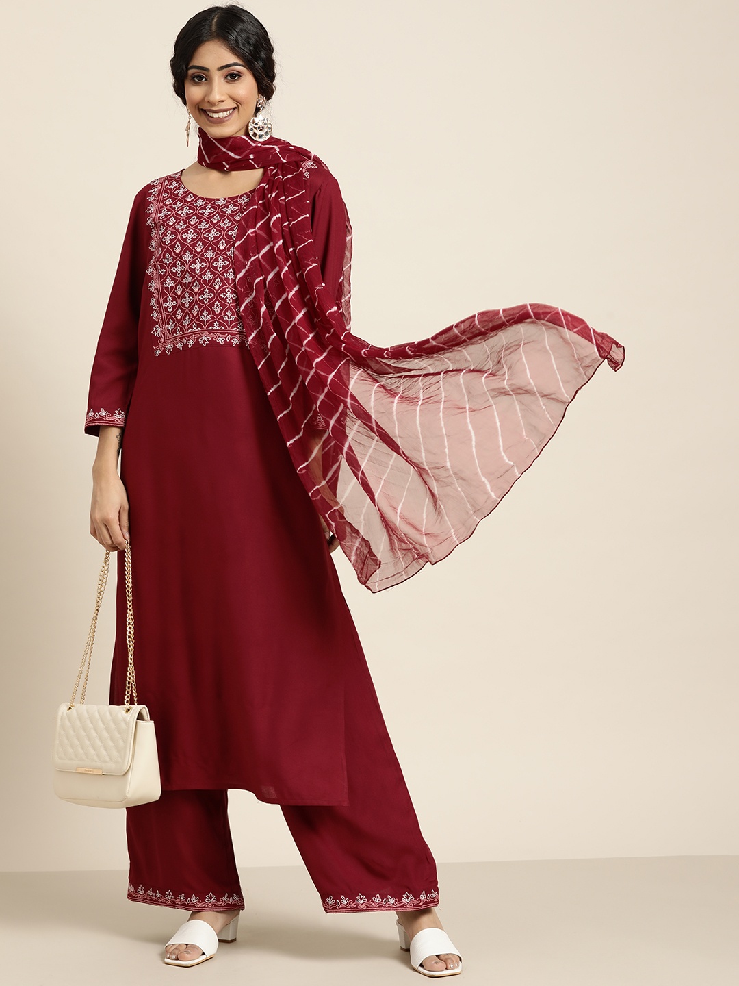

Sangria Women Maroon Embroidered Thread Work Kurta with Palazzos & With Dupatta