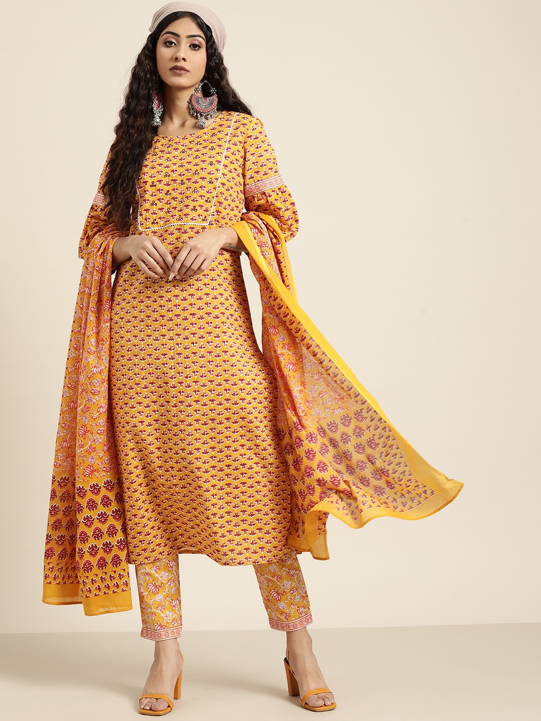 

Sangria Women Mustard Yellow Pure Cotton Ethnic Printed Kurta with Trousers & With Dupatta
