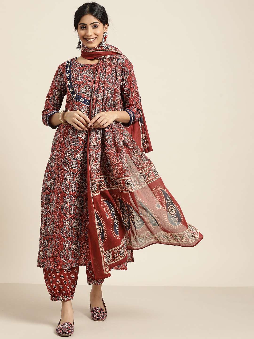 

Sangria Women Rust Red Pure Cotton Ethnic Printed Kurta with Trousers & With Dupatta
