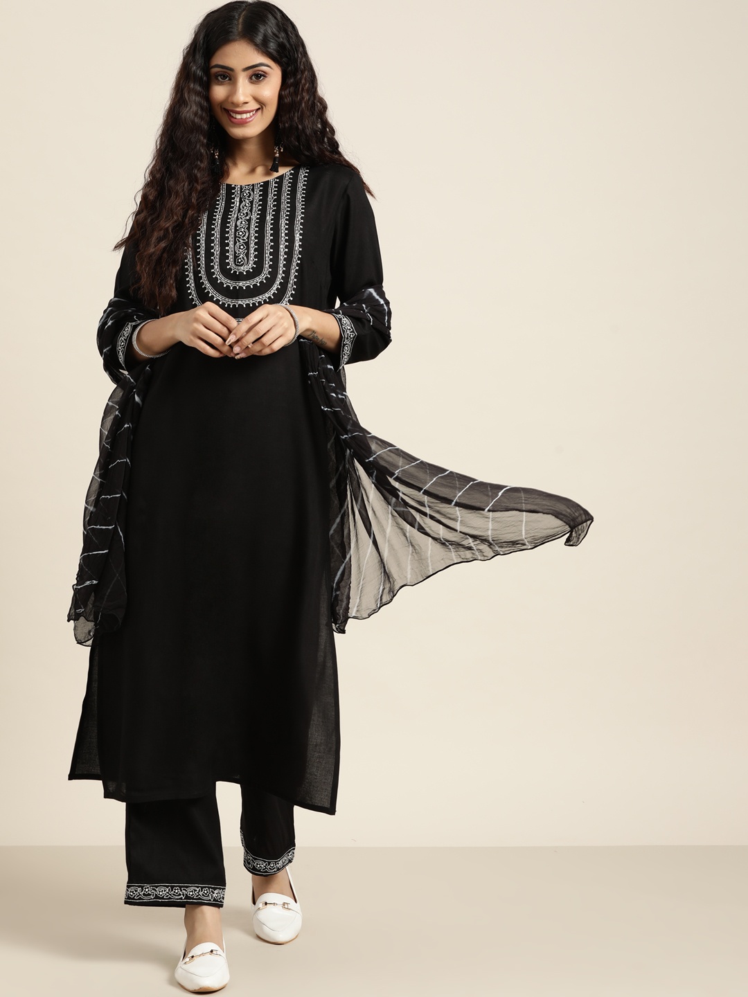 

Sangria Women Black Yoke Design Gotta Patti Kurta with Trousers with Dupatta