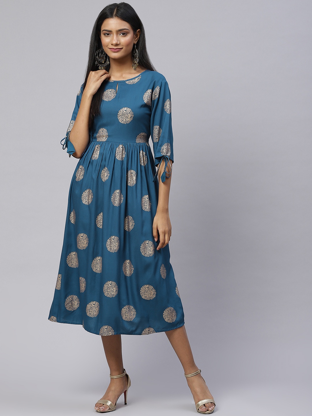 

SVARCHI Teal Blue & Golden Ethnic Motifs Ethnic A-Line Midi Dress