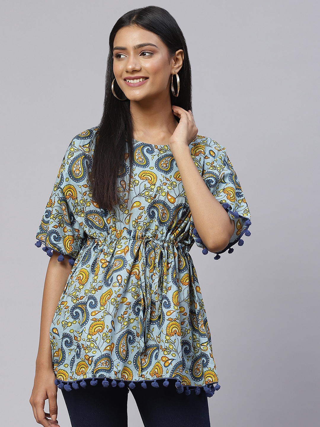 

SVARCHI Grey & Blue Floral Print Empire Top