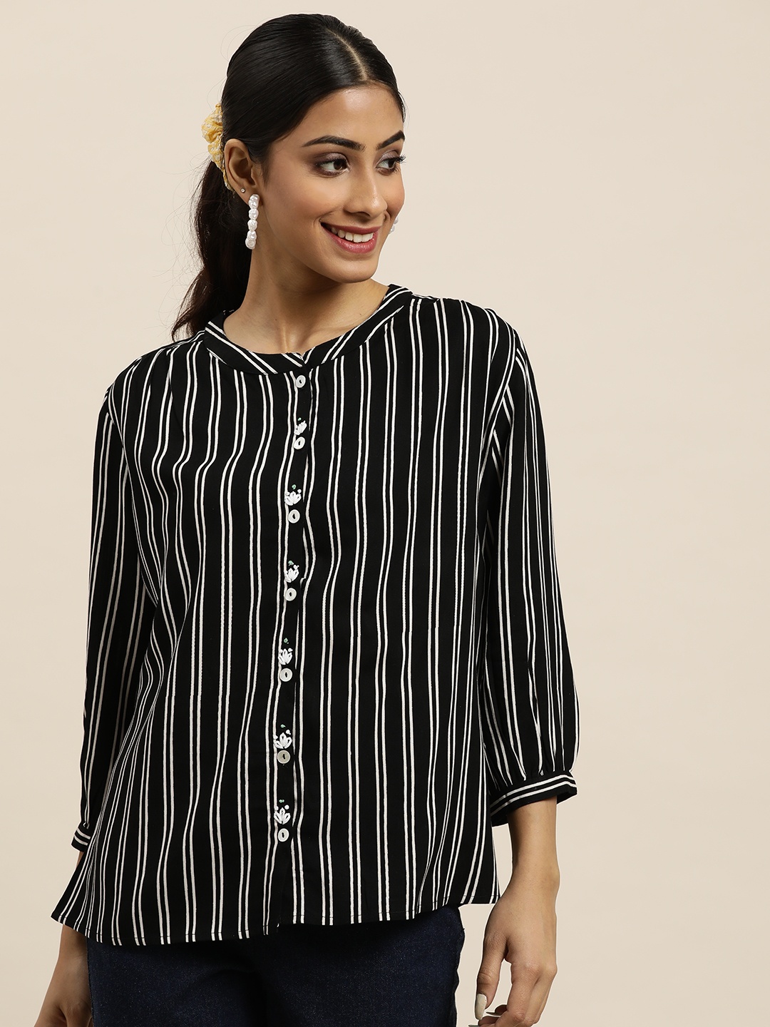 

Sangria Black Striped Mandarin Collar Shirt Style Top