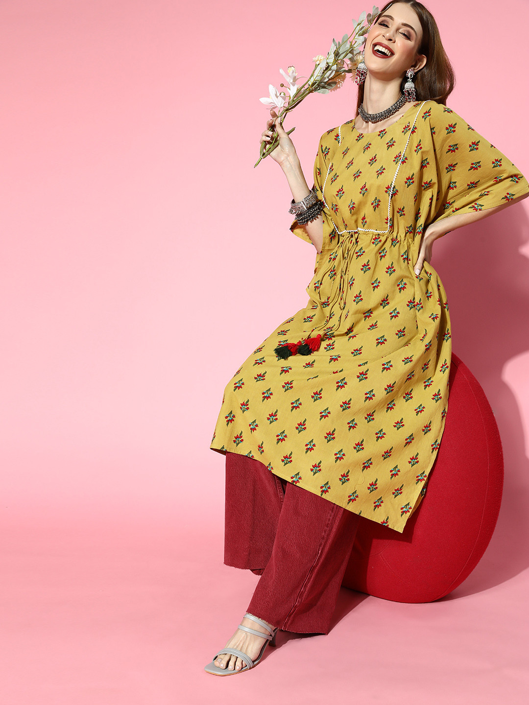 

Sangria Women Mustard Yellow & Red Pure Cotton Ethnic Motifs Printed Kaftan Kurta