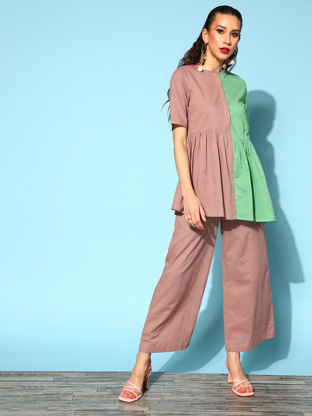 

Sangria Women Rose Colourblocked Tunic with Solid Palazzos