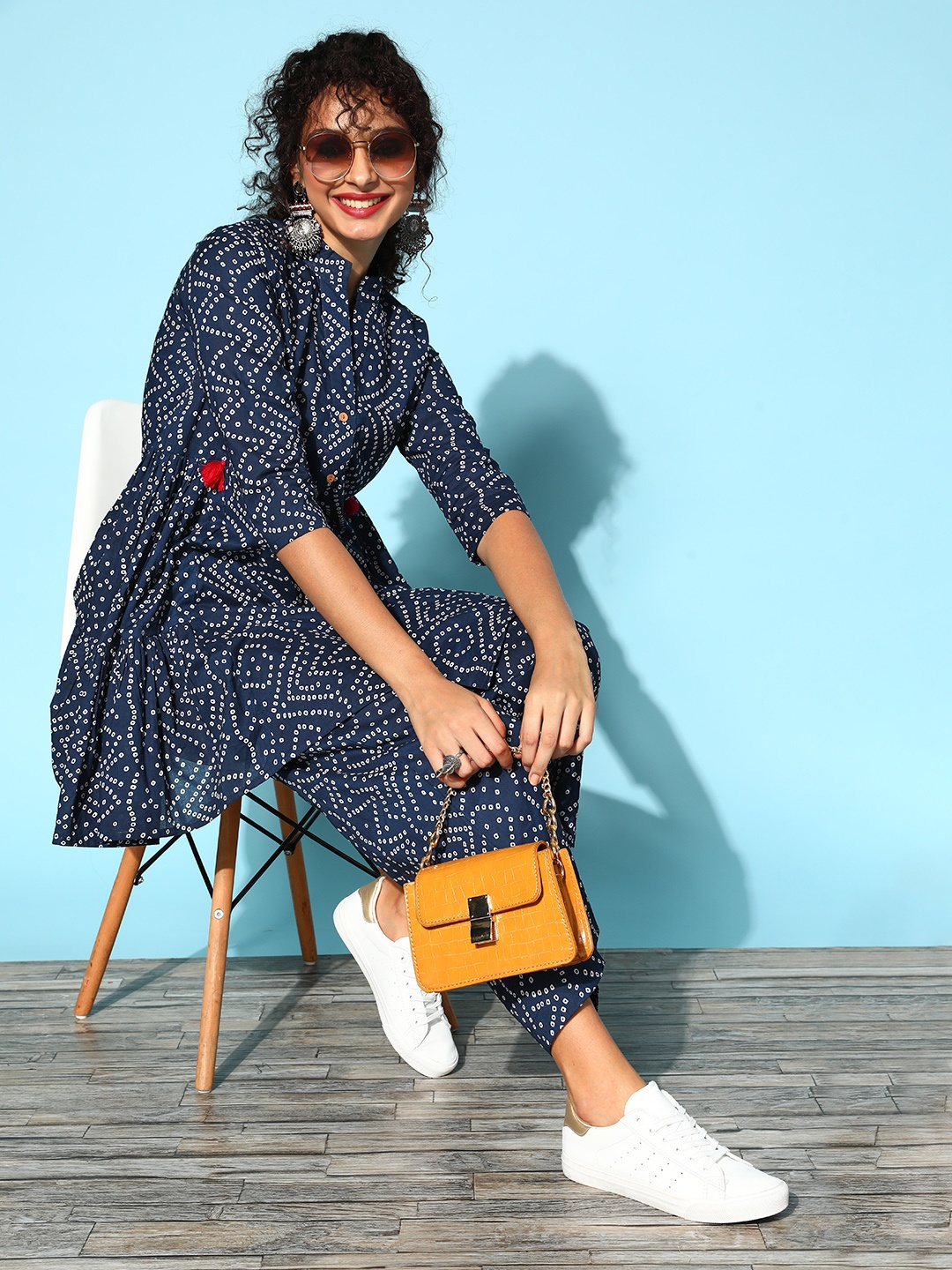 

Sangria Bandhani Pure Cotton WFH Co-Ords Kurta Set, Navy blue
