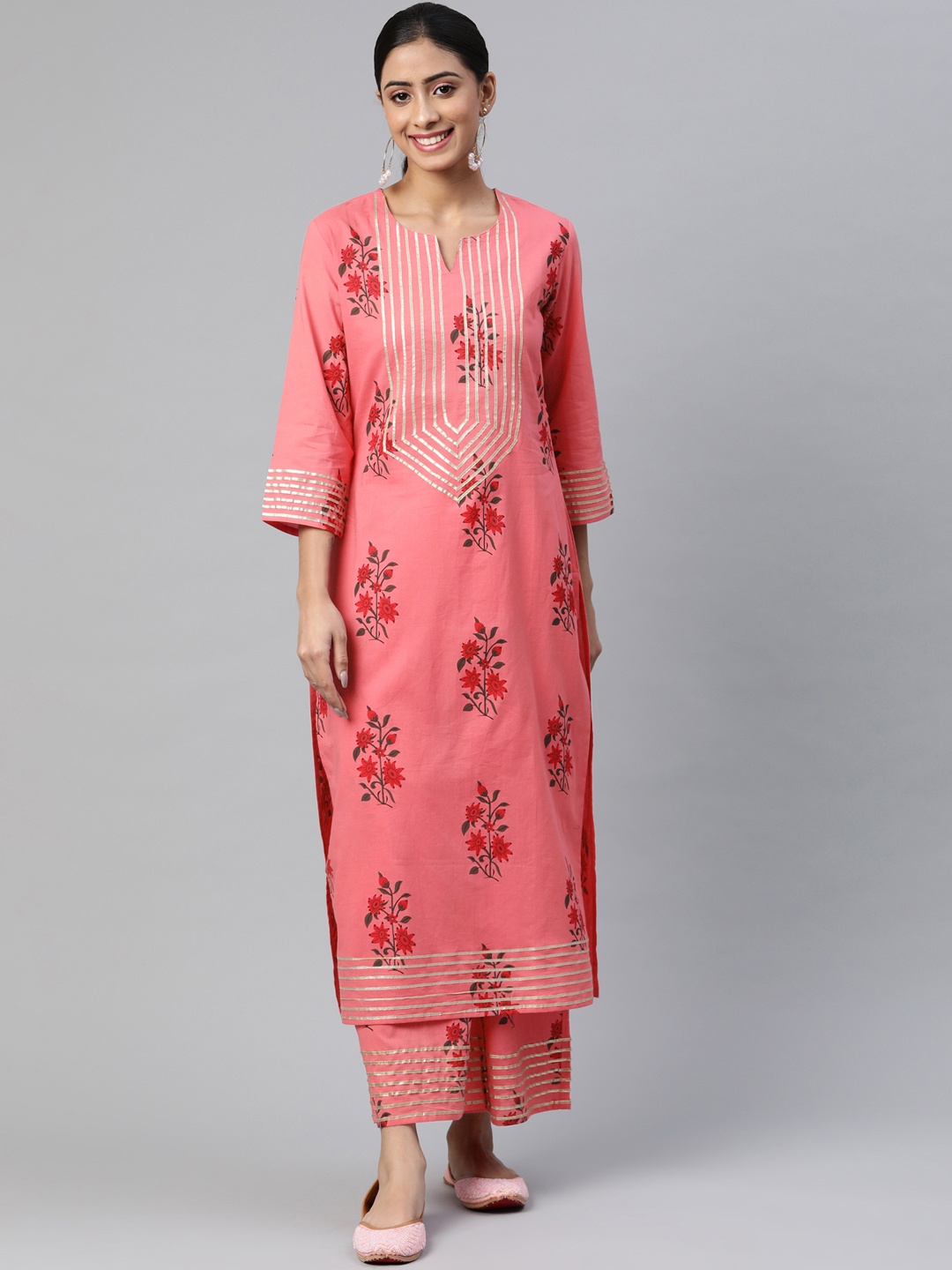 

SVARCHI Women Pink Ethnic Motifs Printed Gotta Patti Pure Cotton Kurta with Palazzos