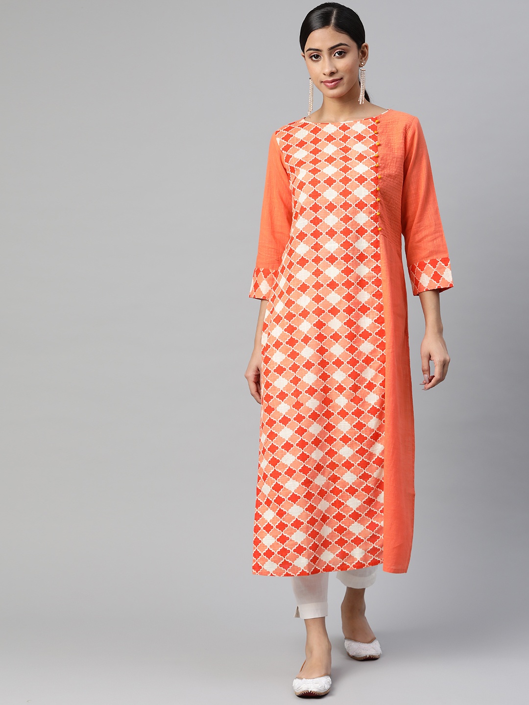 

SVARCHI Women Orange & Cream-Coloured Geometric Printed Kurta