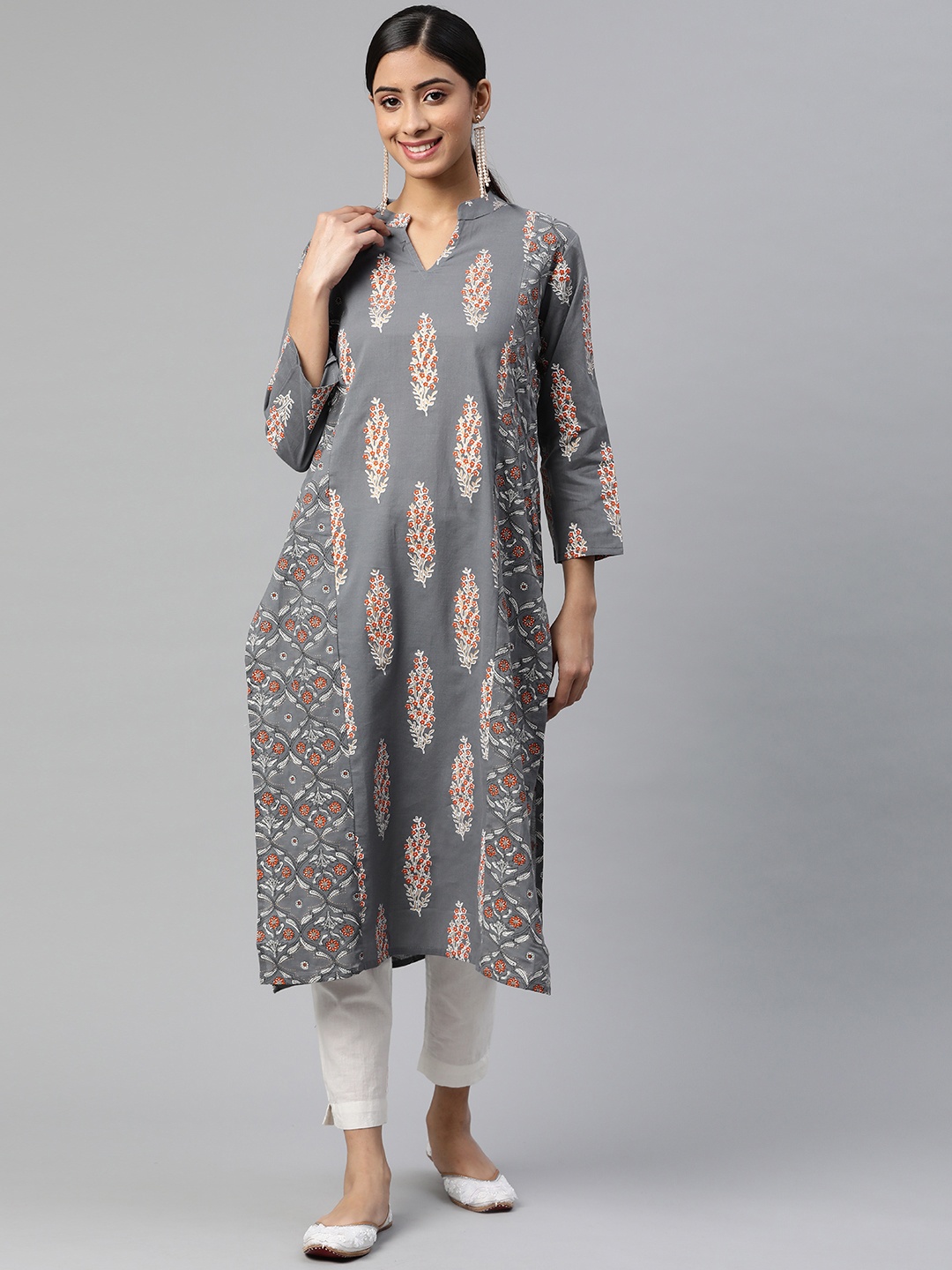 

SVARCHI Women Charcoal & Rust Ethnic Motifs Printed Kurta