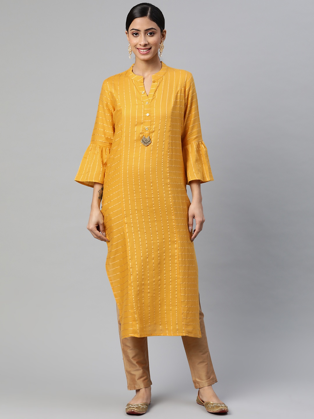 

SVARCHI Women Mustard Yellow Printed Bell Sleeves Kurta