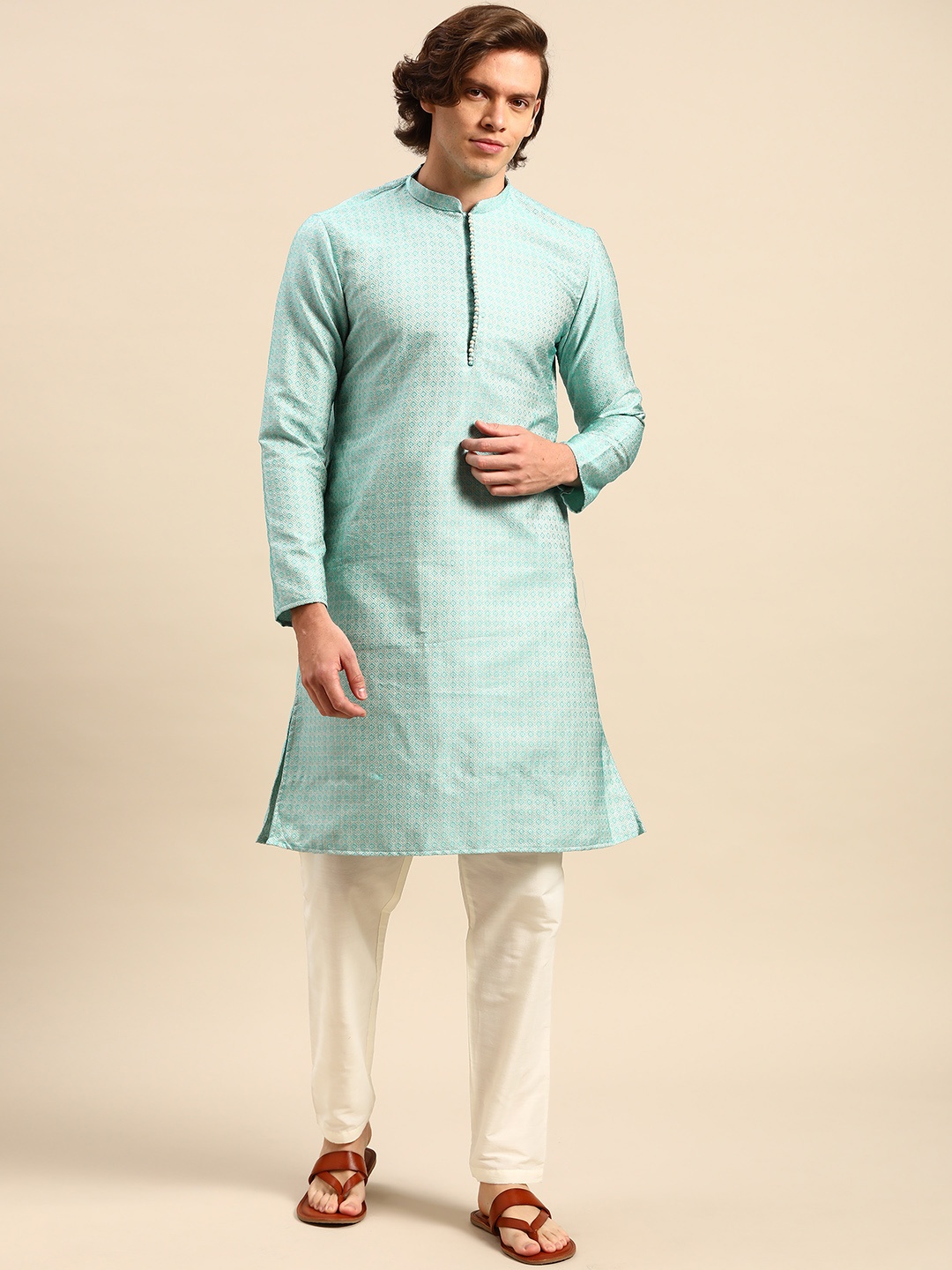 Anouk Men Blue Ethnic Motifs Embroidered Kurta with Pyjamas