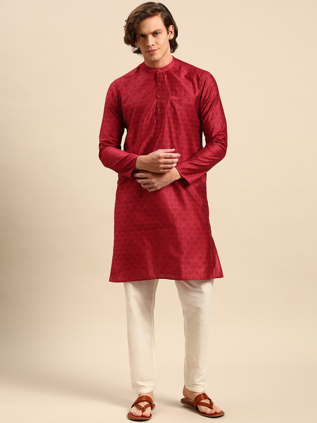 

Anouk Men Red Woven Design Kurta with Pyjamas