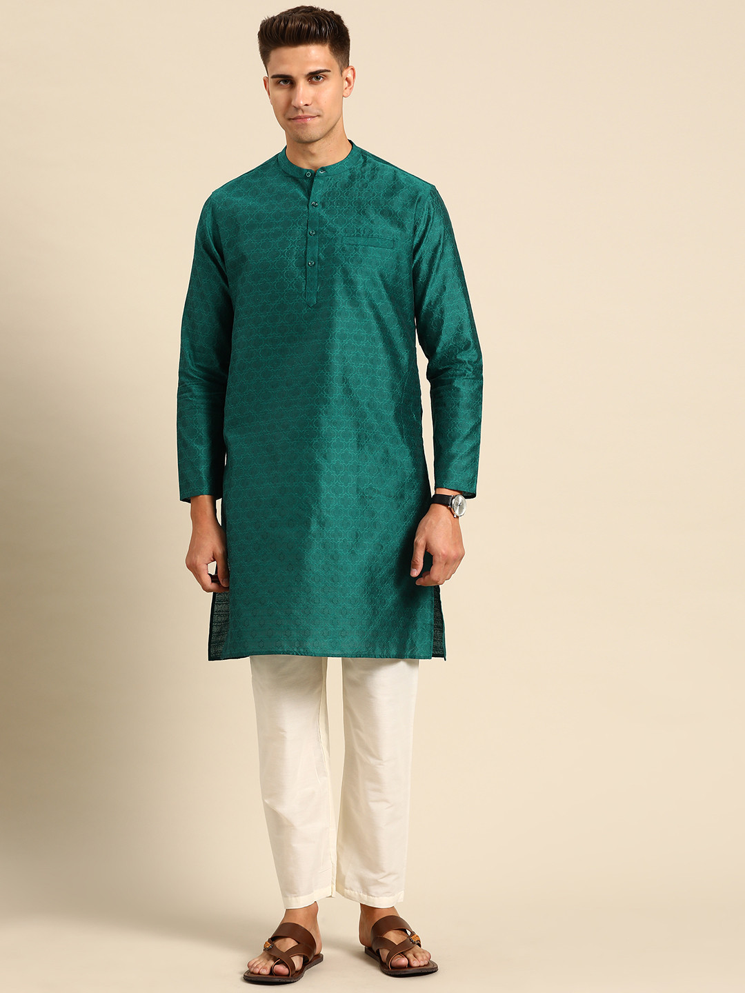 

Anouk Men Green Woven Design Kurta with Pyjamas
