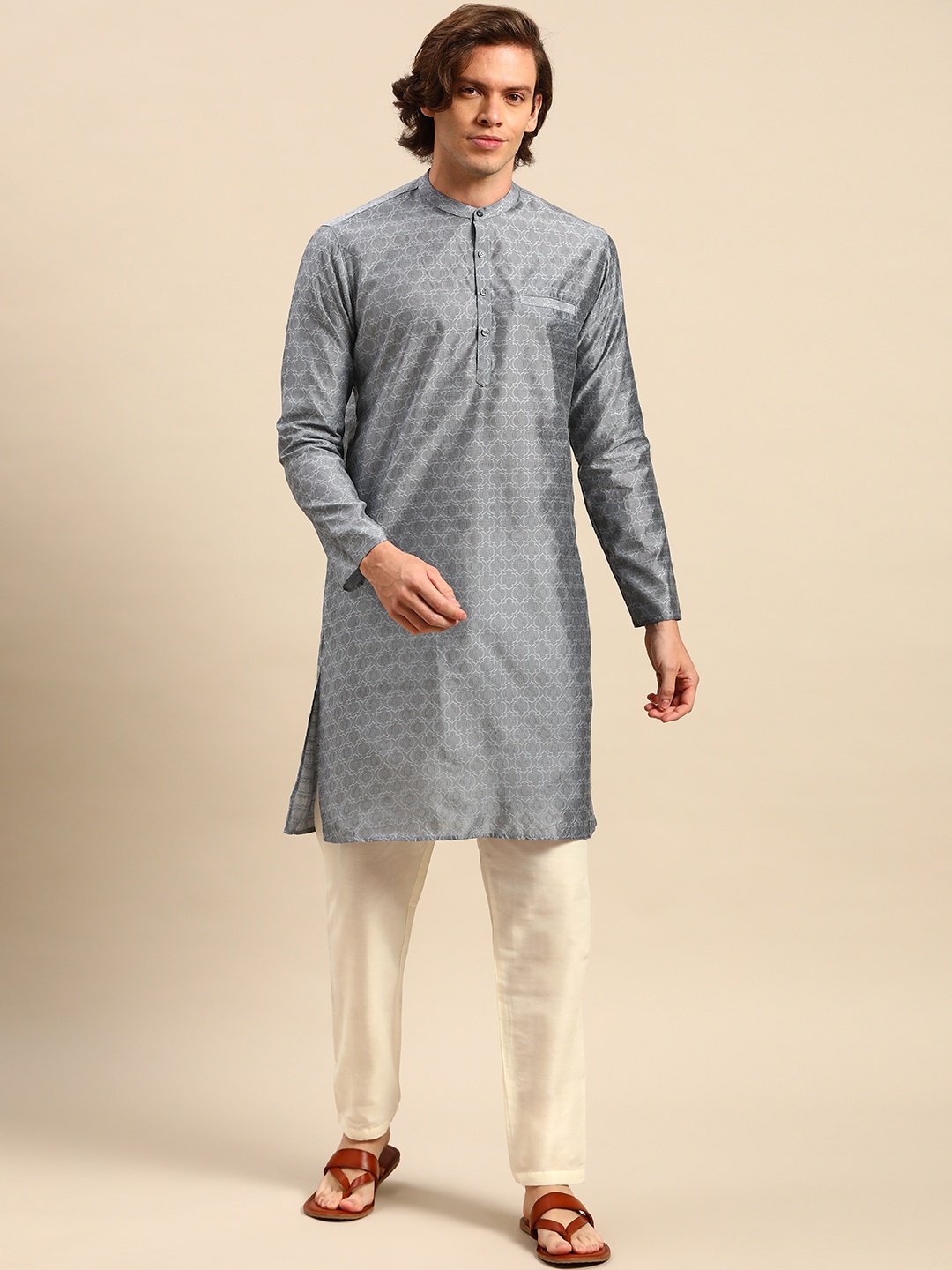 

Anouk Men Grey Woven Design Kurta with Pyjamas