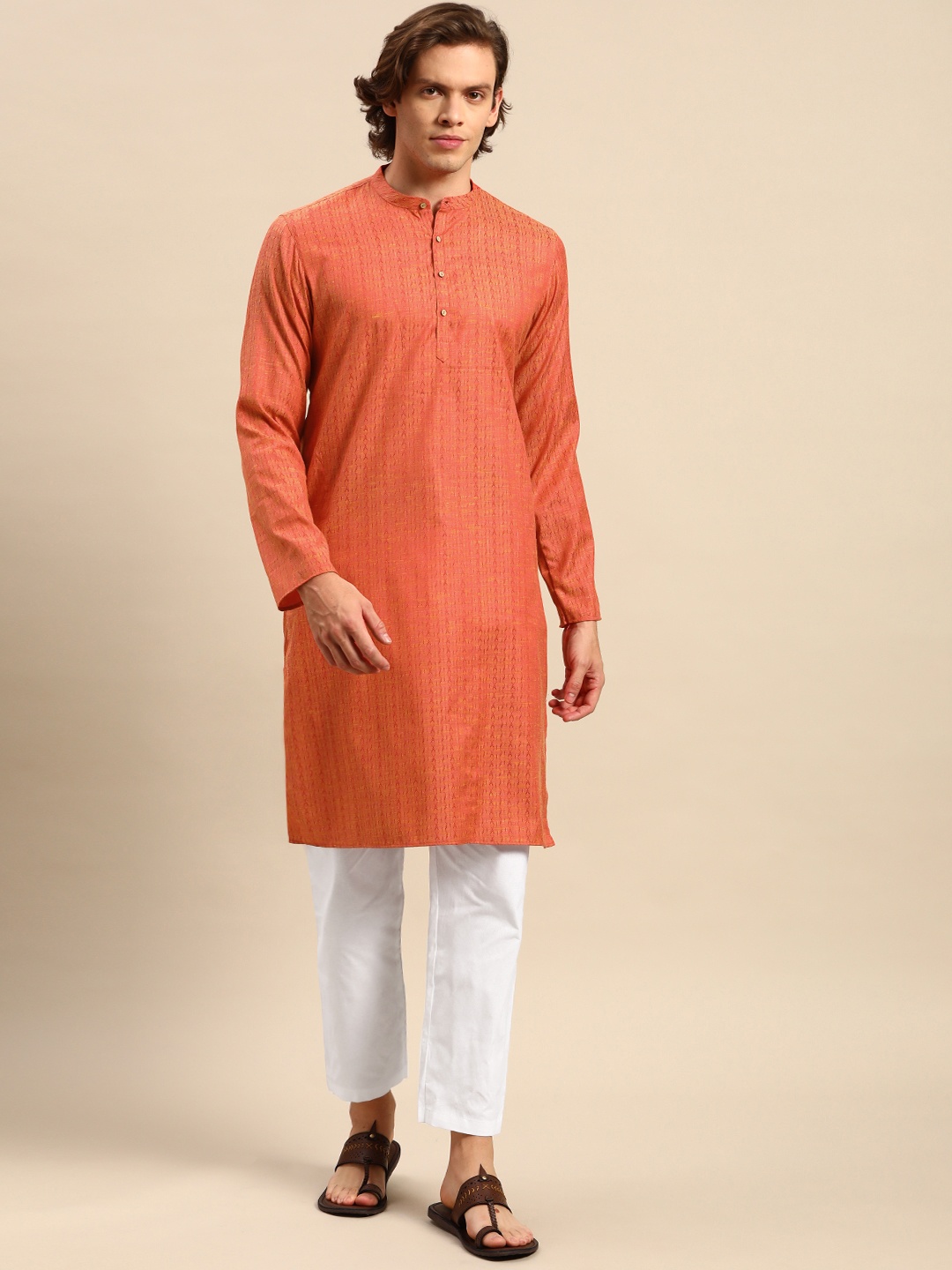 Anouk Men Coral Orange Woven Design Kurta with Pyjamas