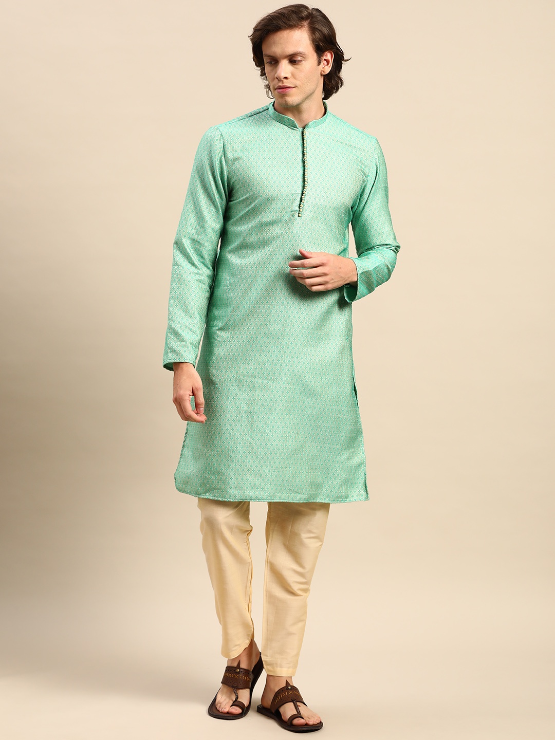 

Anouk Men Green Woven Design Kurta with Pyjamas