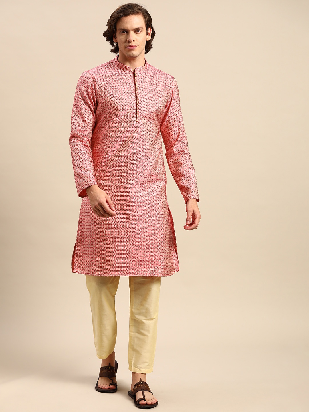 

Anouk Men Red Woven Design Kurta with Pyjamas