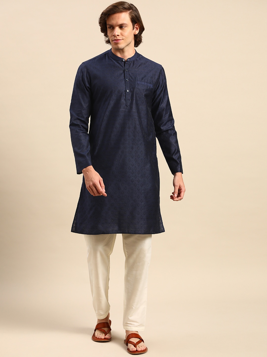 

Anouk Men Navy Blue Woven Design Kurta with Pyjamas