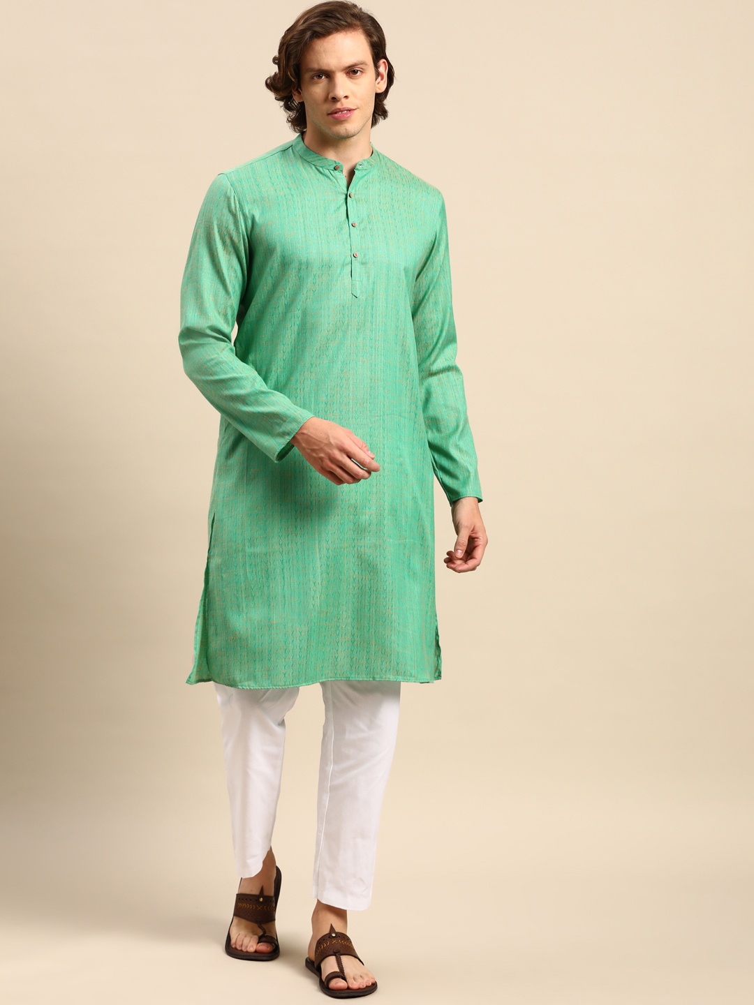 

Anouk Men Green Woven Design Kurta with Pyjamas