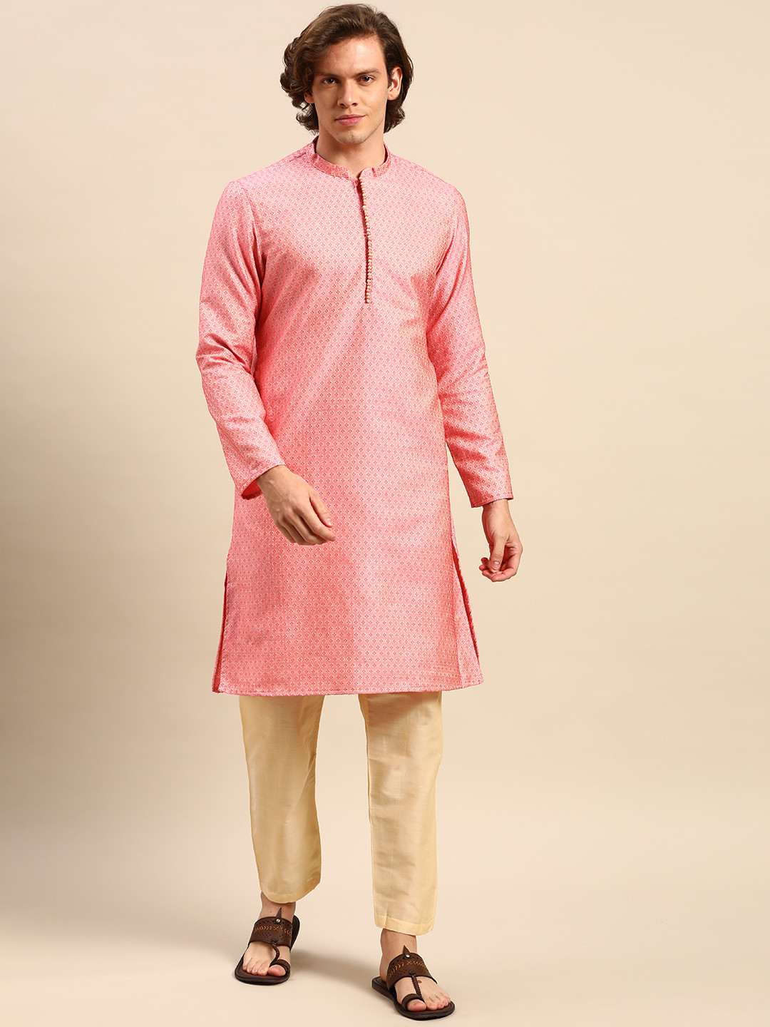 

Anouk Men Pink Woven Design Kurta with Pyjamas
