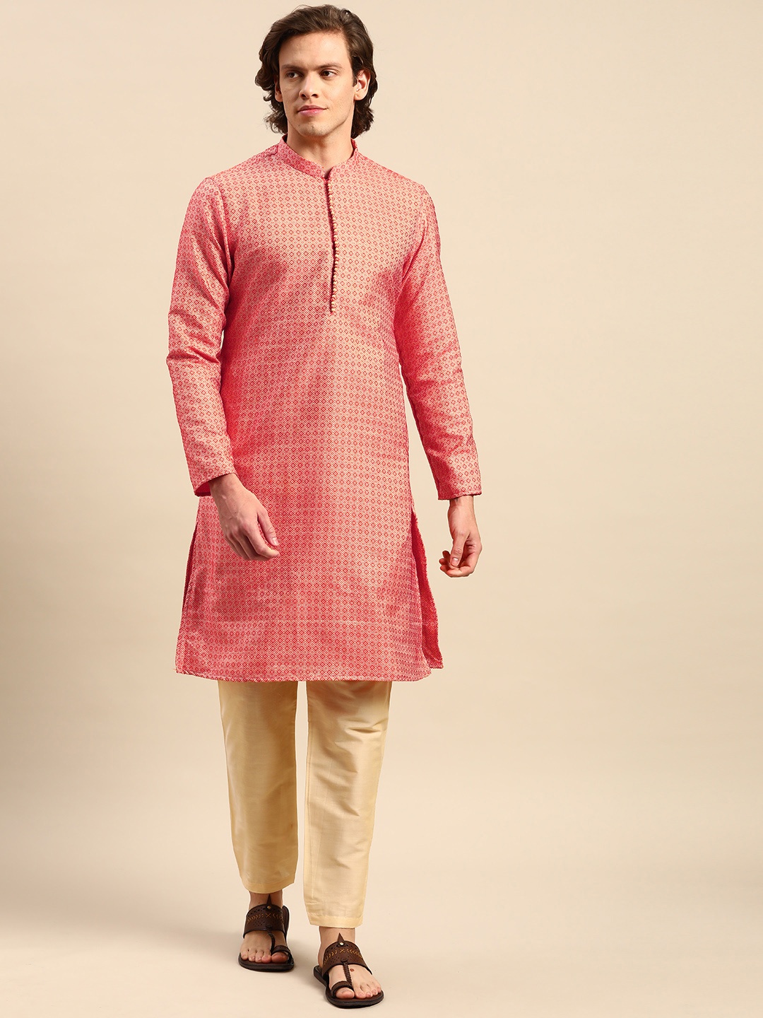 

Anouk Men Coral Pink Woven Design Kurta with Pyjamas
