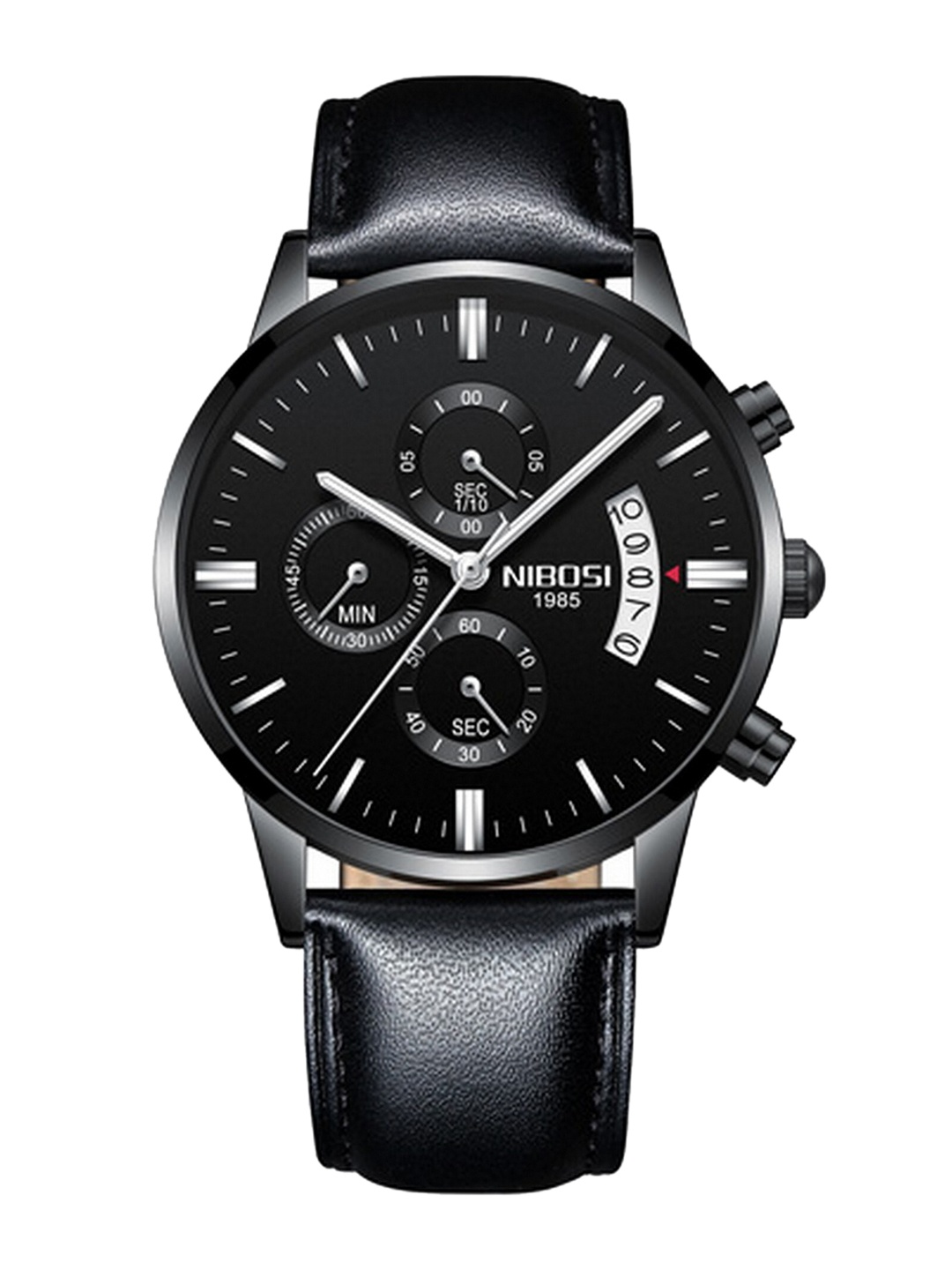 

Nibosi Men Black Embellished Dial & Black Leather Straps Analogue Chronograph Watch NB-2309-L-Blk-Blk-Slvr-Black-Silver