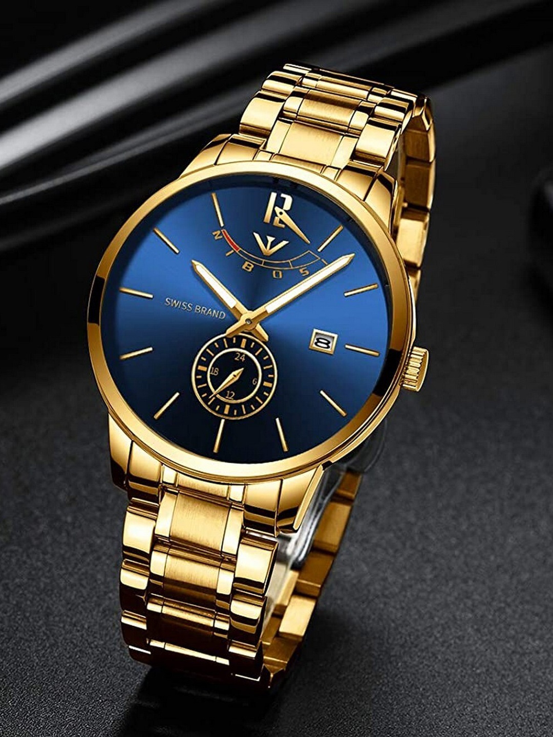 

Nibosi Men Blue Dial & Gold Toned Stainless Steel Straps Analogue Watch NB-2318