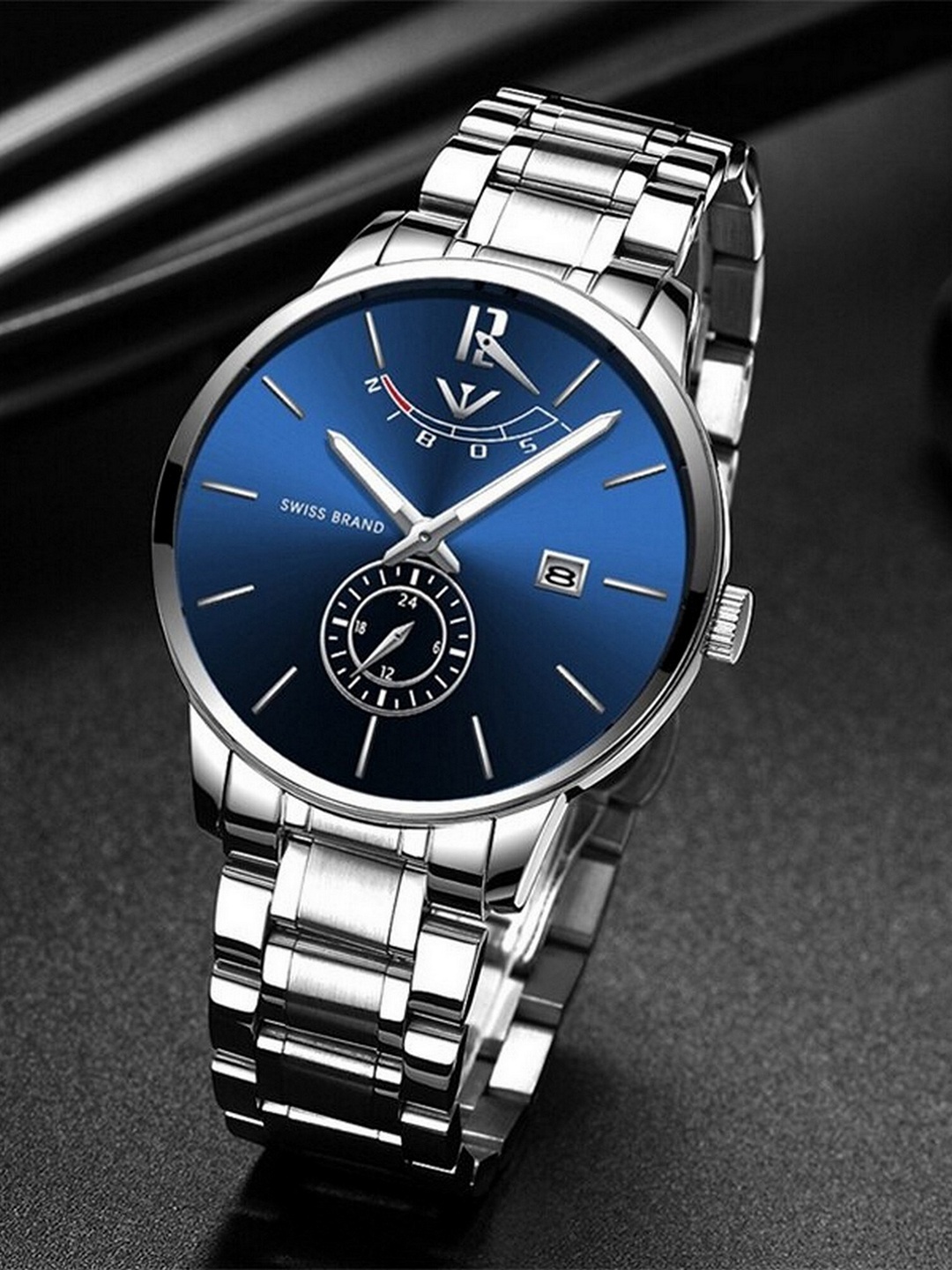 

Nibosi Men Blue Dial & Silver Stainless Steel Bracelet Style Straps Analogue Watch NB-2318