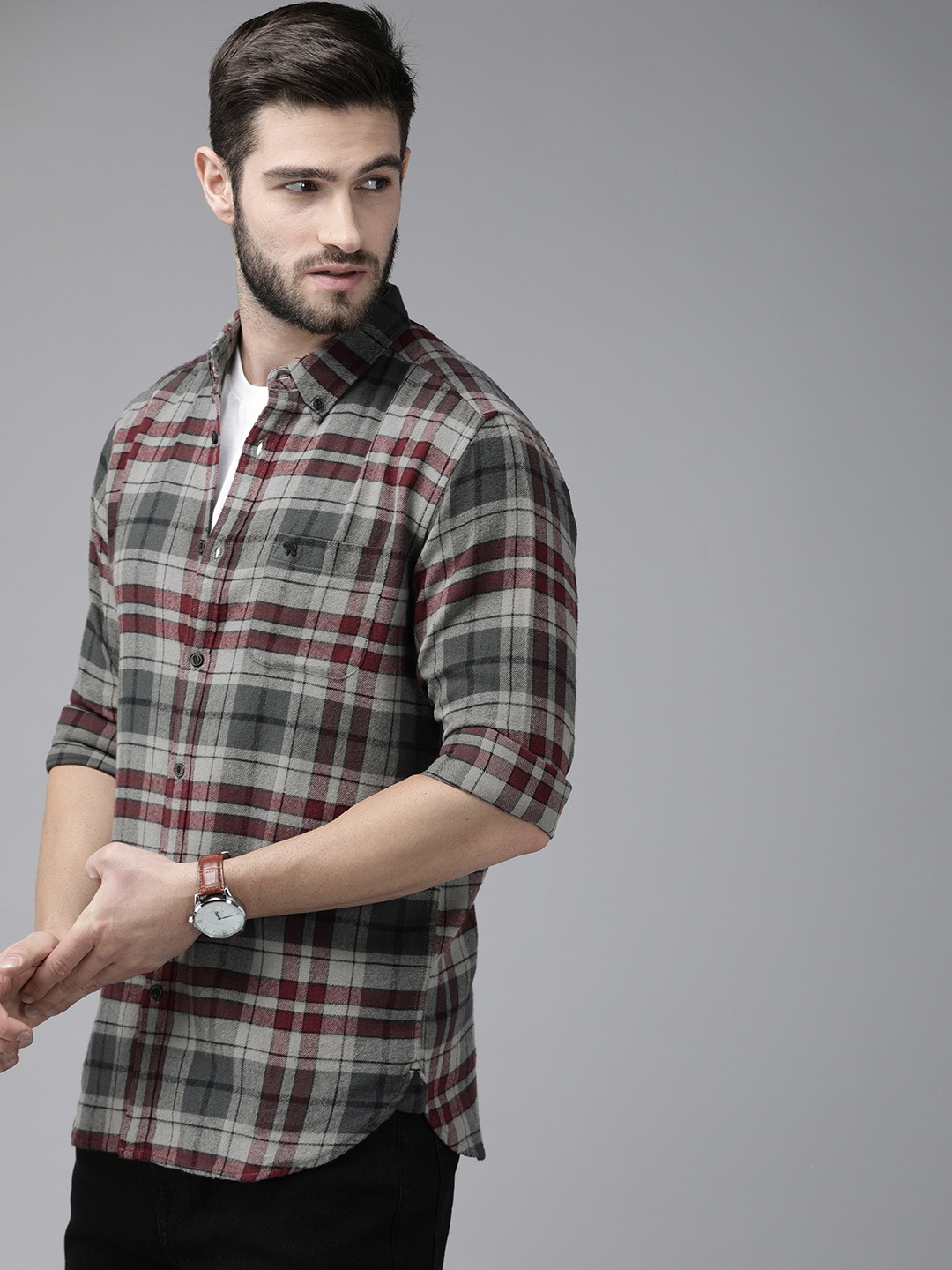 

THE BEAR HOUSE Men Grey Slim Fit Tartan Checks Checked Casual Shirt