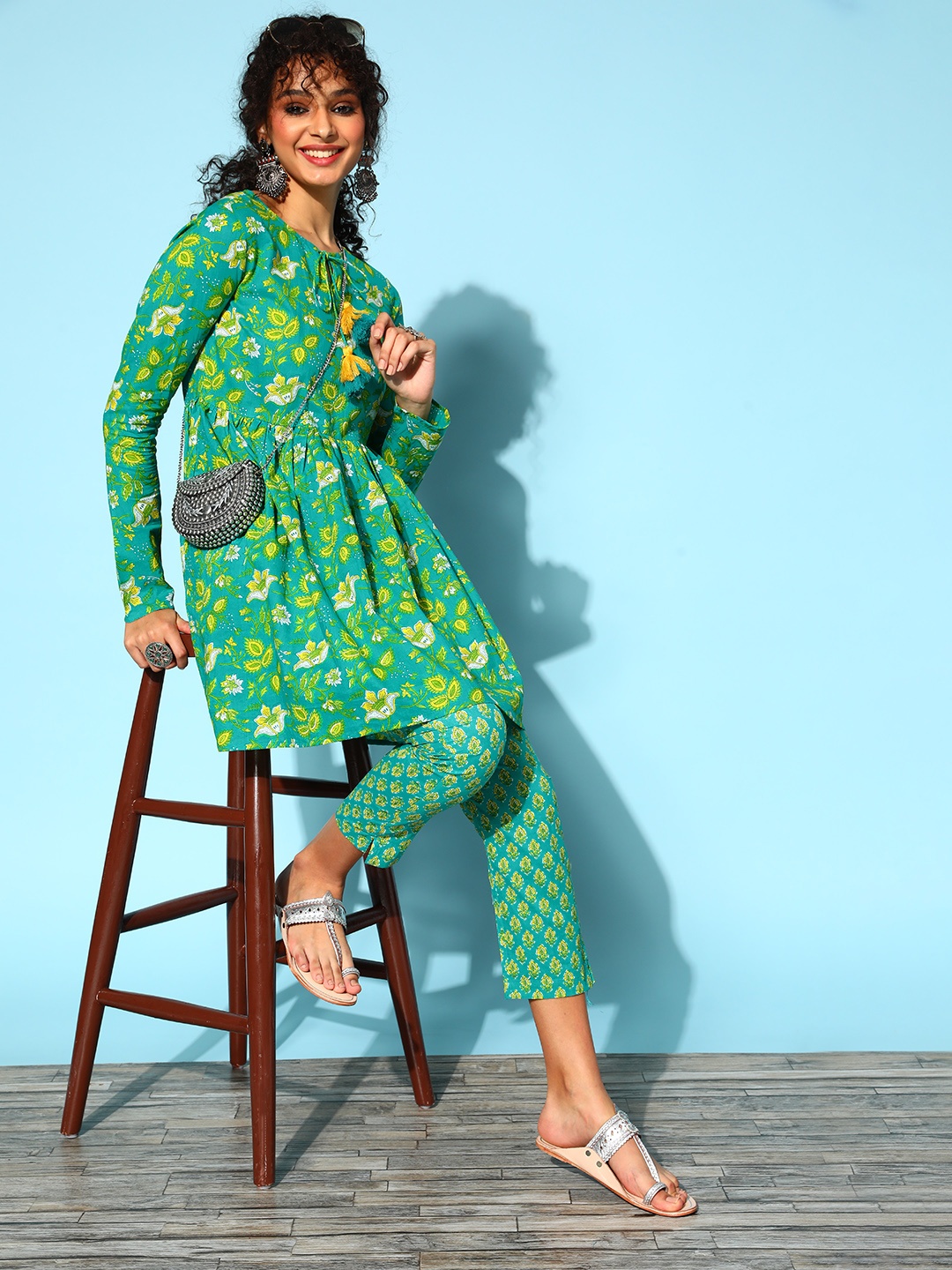 

Sangria Ethnic Motifs Pure Cotton WFH Co-Ords Kurta Set, Sea green