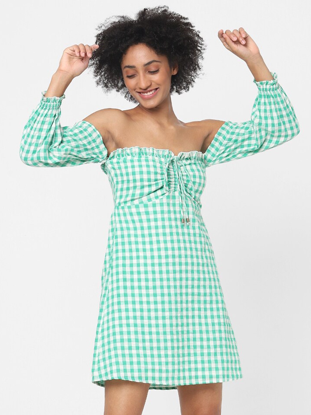 

ONLY Green & White Checked Off-Shoulder A-Line Dress