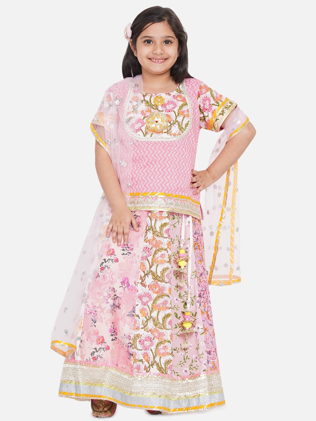 

Little Bansi Girls Pink & White Printed Ready to Wear Lehenga & Blouse With Dupatta