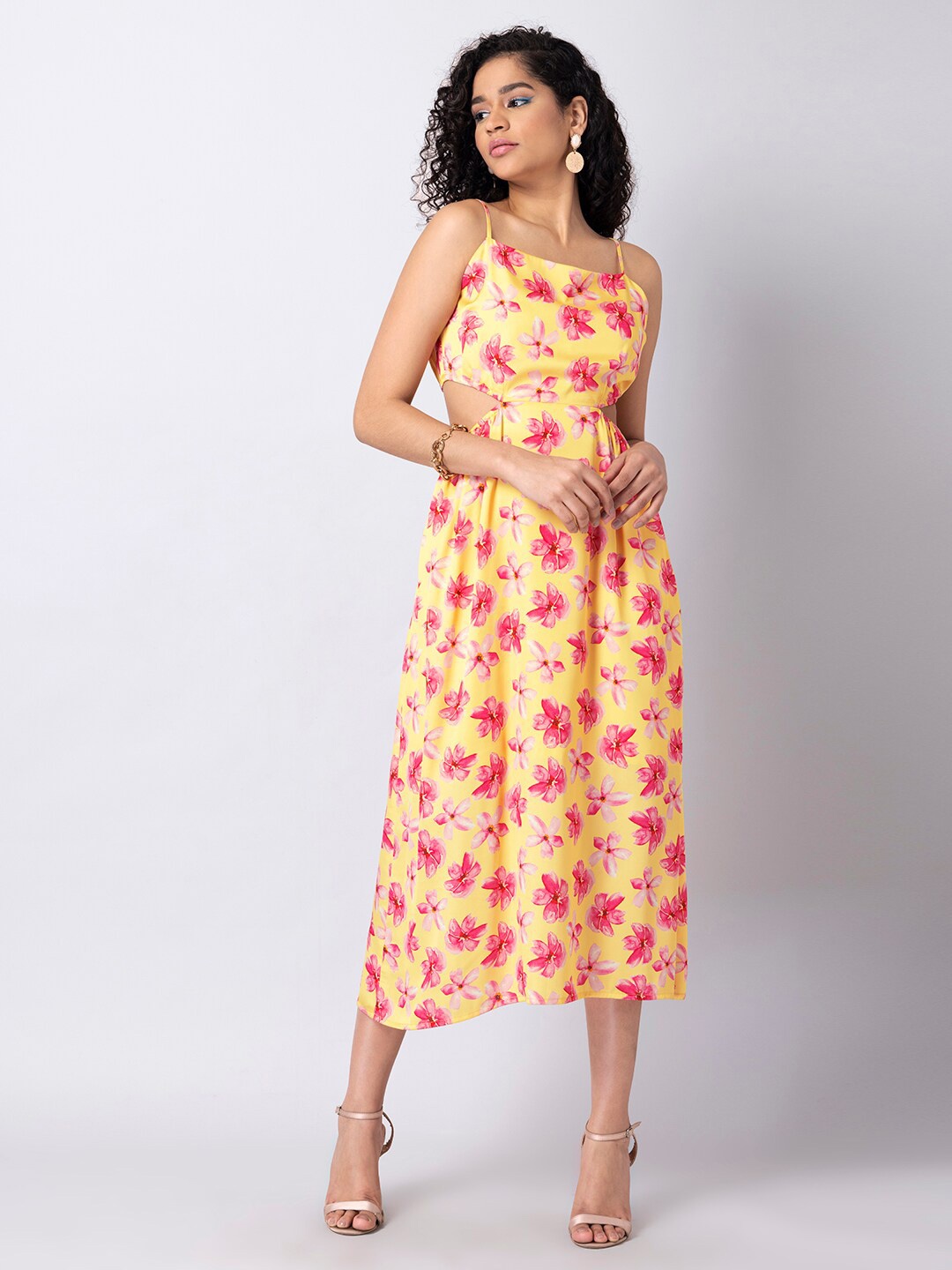 

FabAlley Yellow & Pink Floral Printed Cut-Out Satin Fit & Flare Midi Dress