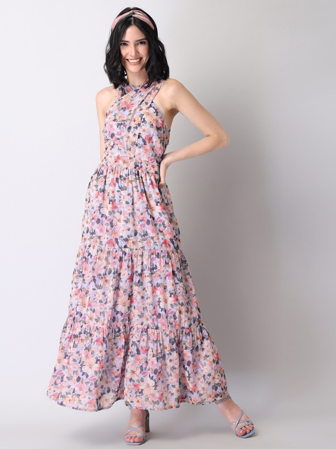

FabAlley Women Blue & Pink Floral Georgette Maxi Dress