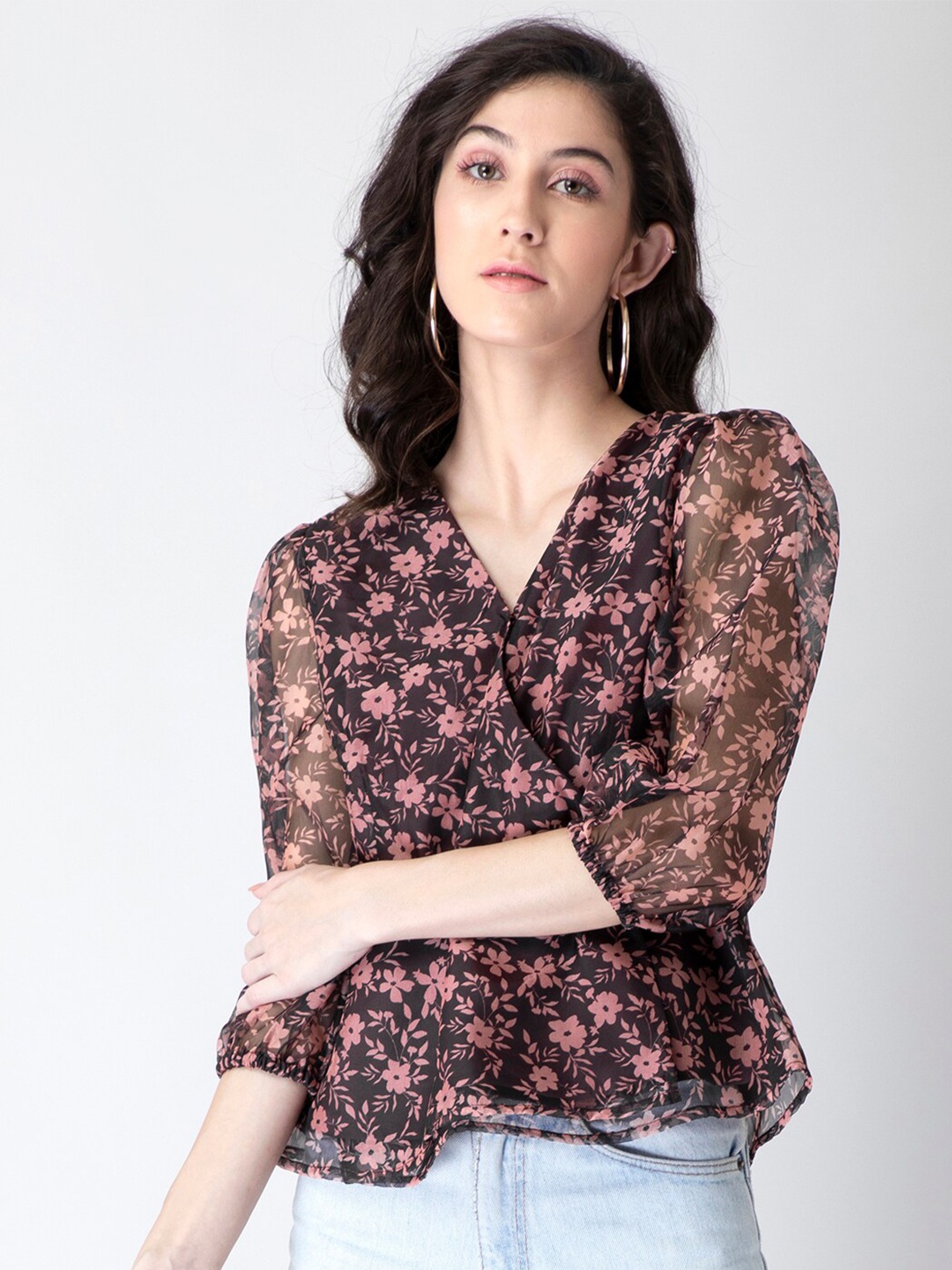 

FabAlley Maroon Floral Print Organza Wrap Top