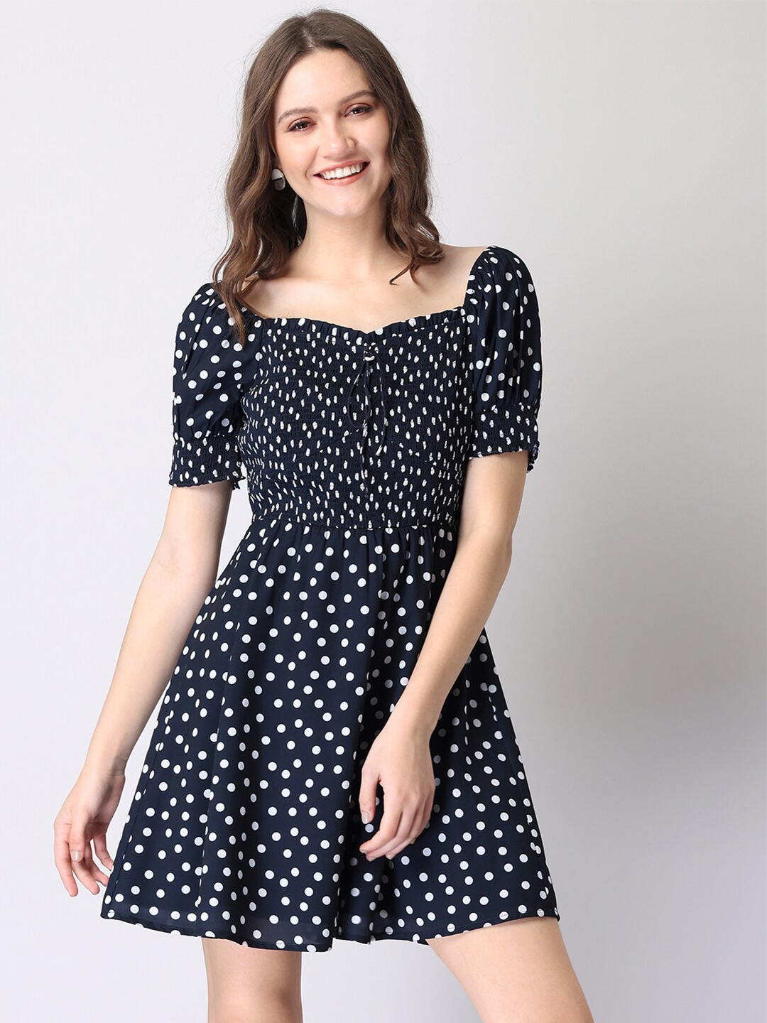 

FabAlley Women Blue Off-Shoulder Polka Dot Printed Smocked Skater Dress