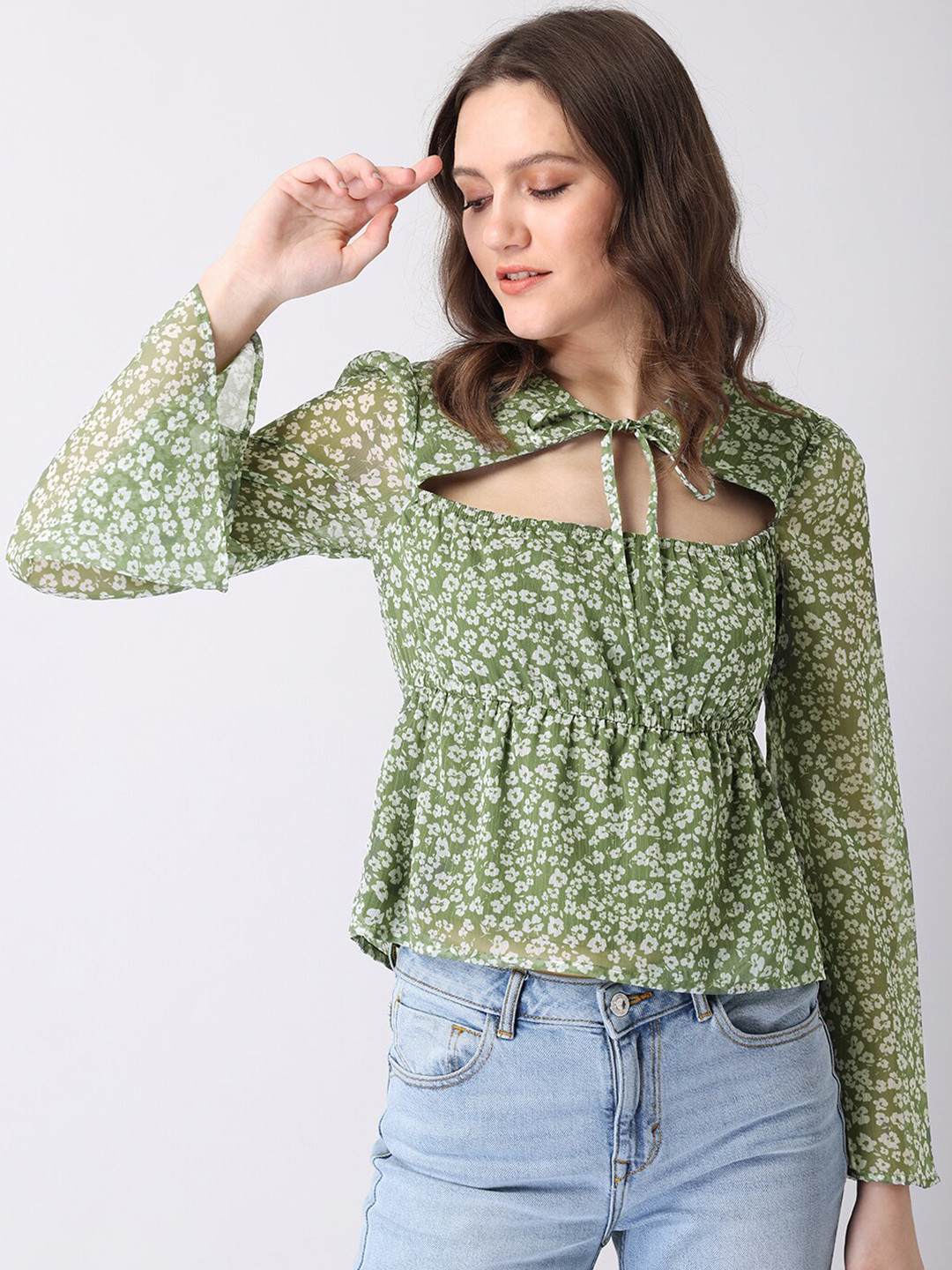 

FabAlley Women Green Floral Printed Georgette Cinched Waist Top